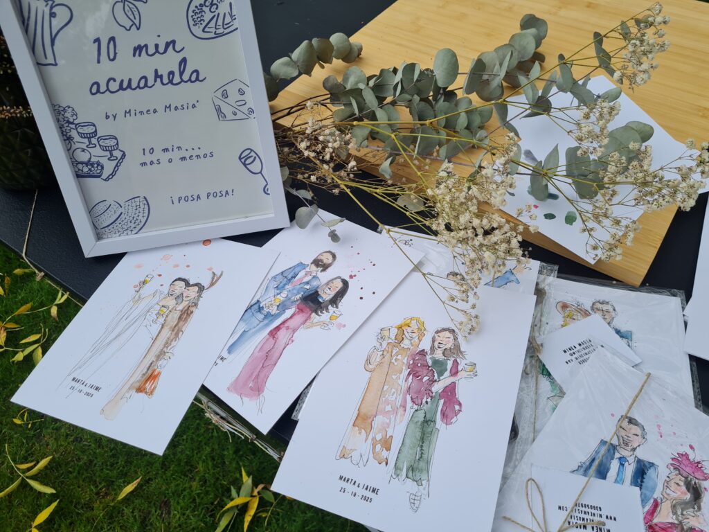 Acuarela en directo de dos invitados realizada por Minea Masiá, retrato colorido y natural con gesto y frescura. acuarelas invitaciones live art